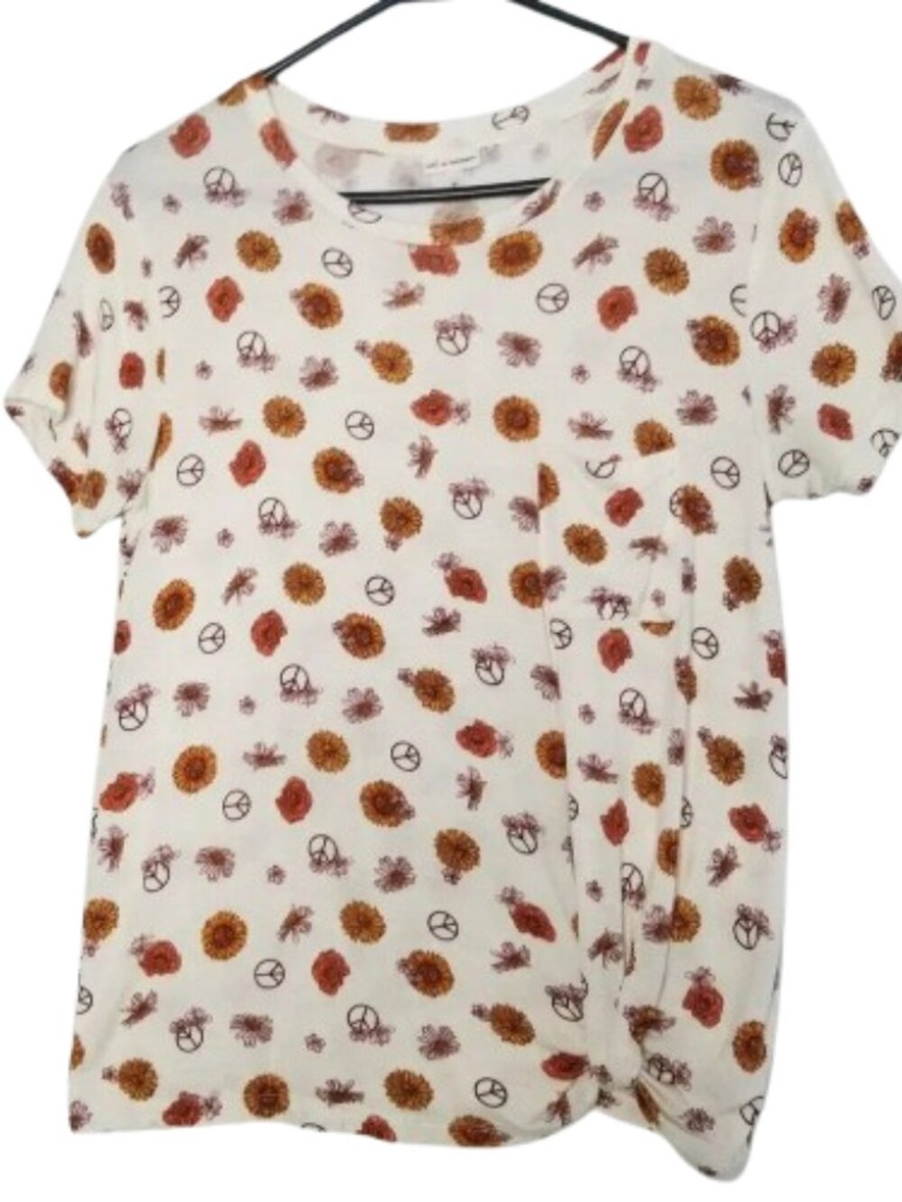 ❤️3/$12 Self Esteem Blouse Short Sleeve Floral Peace Sign Women's M